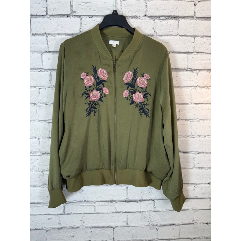 Charming Charlie Olive Green Rose Floral Embroidered Bomber Jacket size XL VTG